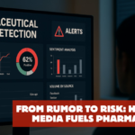 Dashboard showing real-time social media monitoring alerts for pharmaceutical crisis detection with AI-powered sentiment analysis